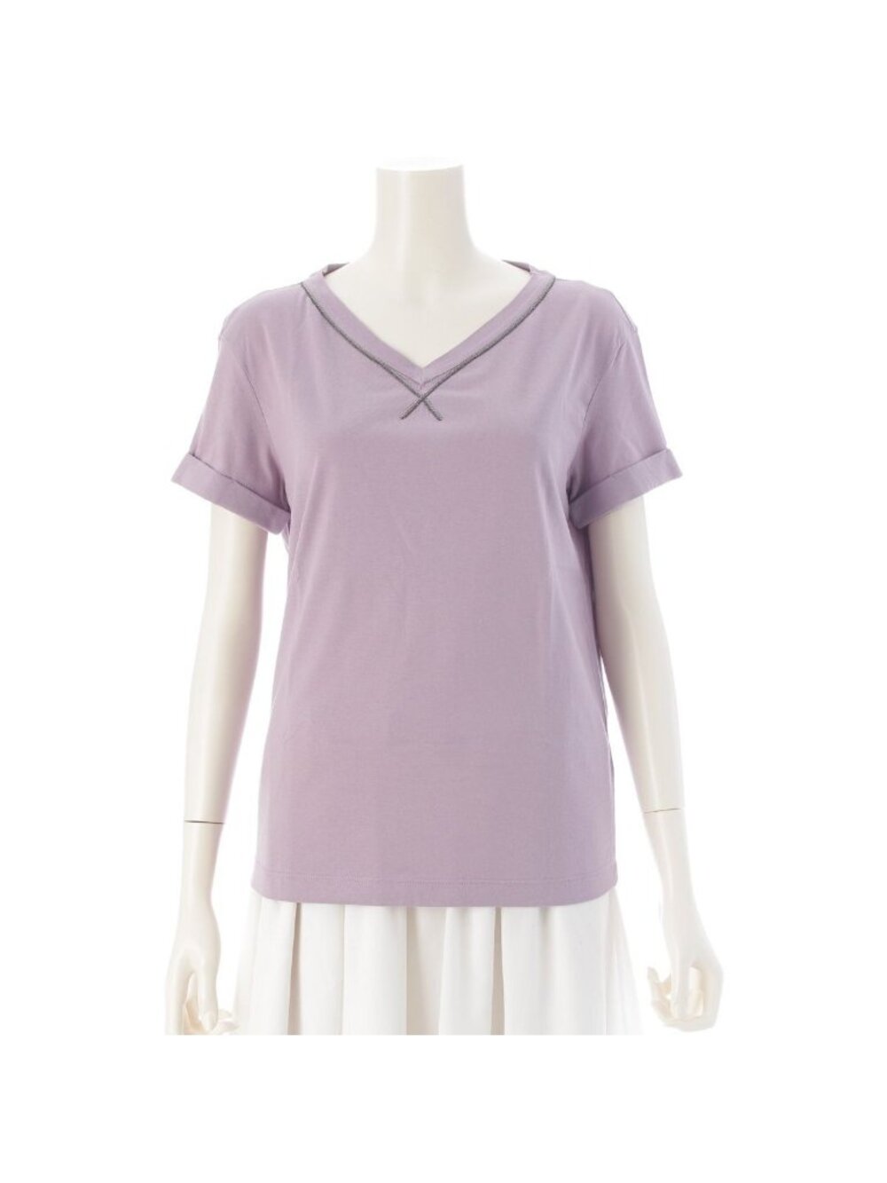 Brunello Cucinelli Cotton Monile Bijou V-neck Short Sleeve T-Shirt Top Purple